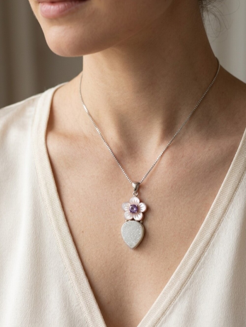 Silver Floral Mother of Pearl & Druzy Teardrop Necklace